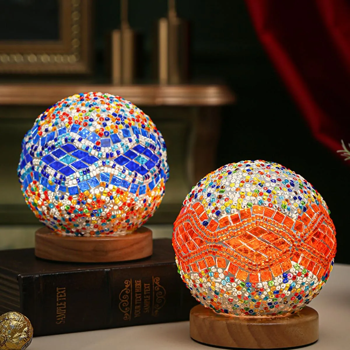 Turkish Table lamp (D:4.7" x H:5.2"),Mosaic Glass Lamps with Wooden Base, Bohemian Tiffany Bedside Lamps, USB power Moroccan Lantern for Living Room Halloween Decorations (Baroque - Blue, Baroque)