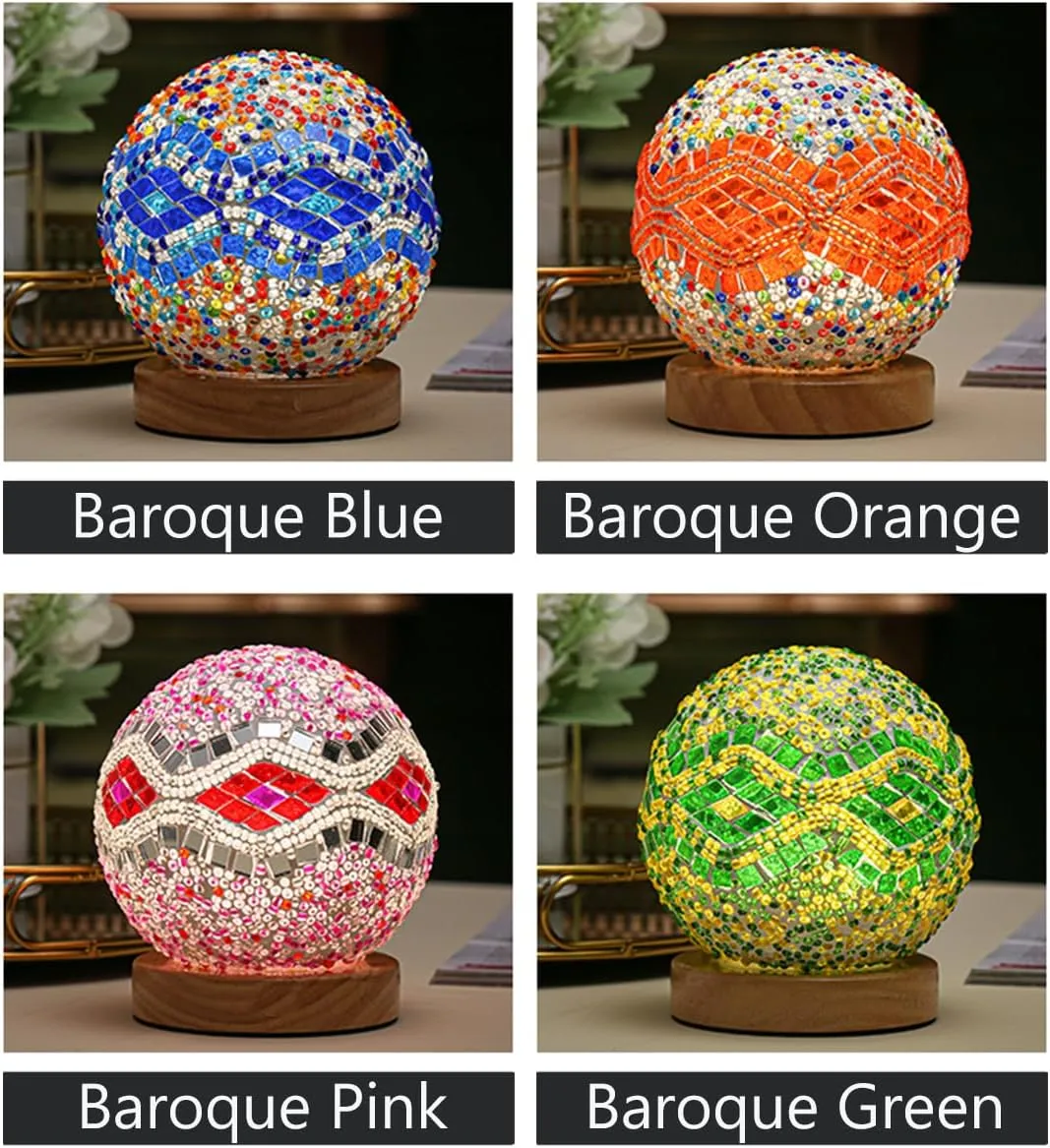 Turkish Table lamp (D:4.7" x H:5.2"),Mosaic Glass Lamps with Wooden Base, Bohemian Tiffany Bedside Lamps, USB power Moroccan Lantern for Living Room Halloween Decorations (Baroque - Blue, Baroque)