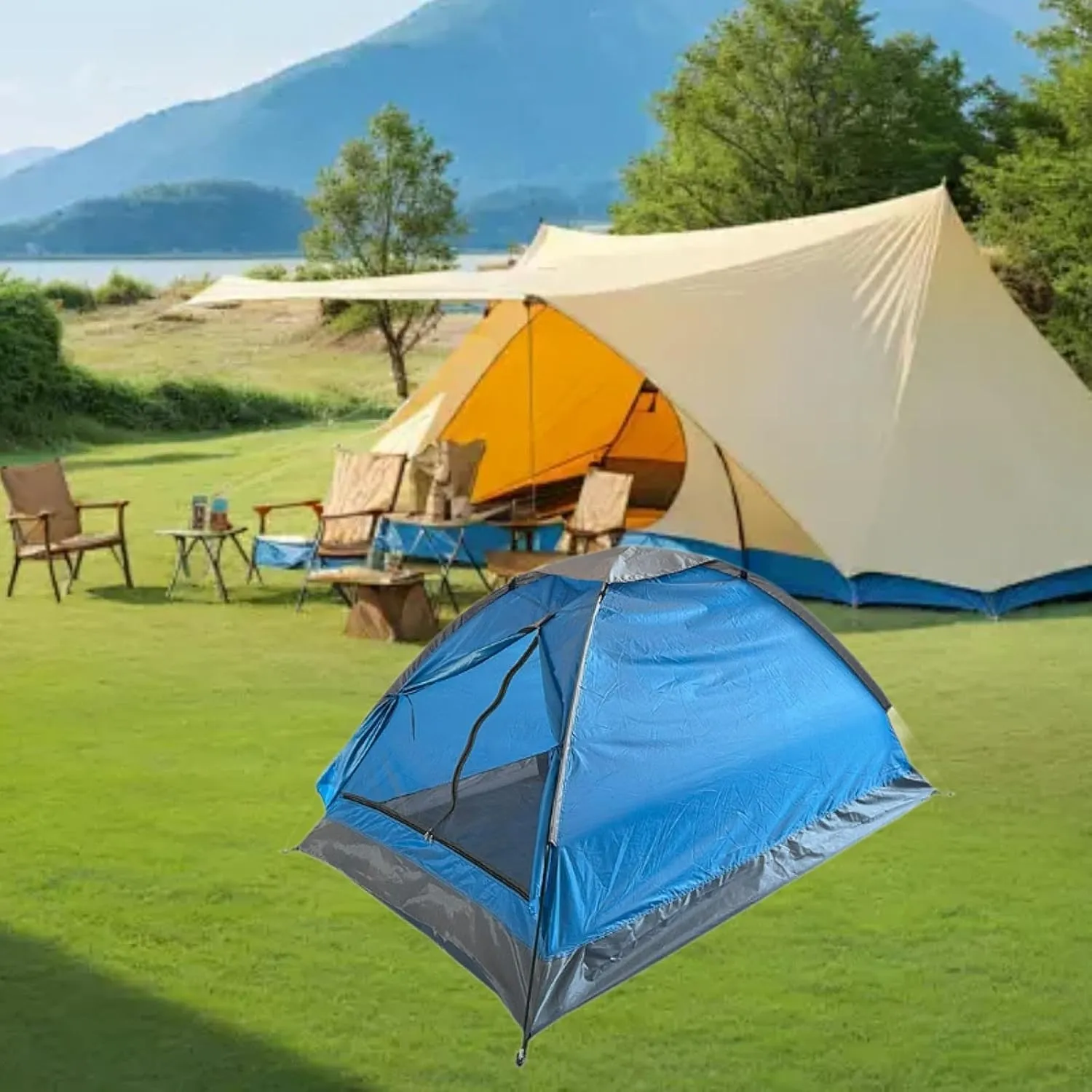 Two Person Camping Tent Outdoor Tent Shade Canopy Fiberglass Poles Easy Quick Setup Foldable for Picnic Outdoor Activities