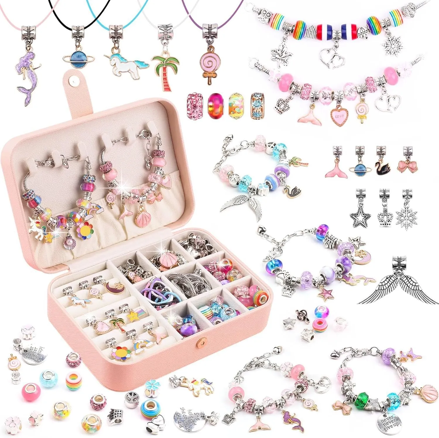 UFU Charm Bracelet Making Kit -120Pcs DIY Jewelry Making Kit, Mermaid Gifts for Girls Toys Crafts for Teen Girls Ages 5 6 7 8-12, with Portable Bracelet Organizer Box