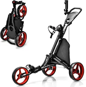 ULTIMATE 3 Wheel Golf Push Cart, Aluminum Folding Golf Walking Push Cart w/Elastic Strap, Umbrella & Cup Holder, Scoreboard Storage, Insulated Storage Bag, Adjustable Handle & Foot Brake
