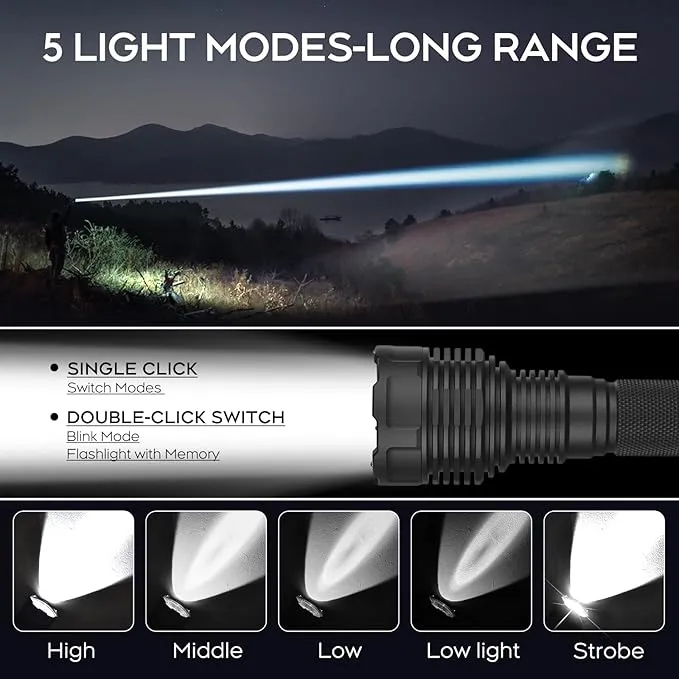 ULTRAFIRE C15 2000 High Lumens LED Flashlight Rechargeable Long Range Tactical Flashlight,5 Modes Super Bright EDC Torch,IPX54 Waterproof for Camping, Outdoor, Emergency Battery not Included