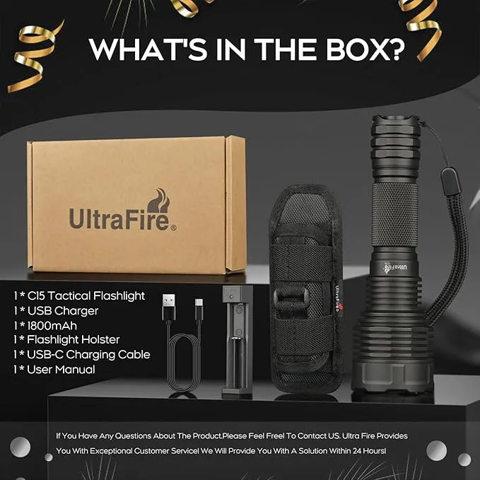 ULTRAFIRE C15 Rechargeable Tactical Flashlight 2000 High Lumens LED Flashlight with Holster,5 Modes,USB,Waterproof for Camping, Outdoor, Emergency Light