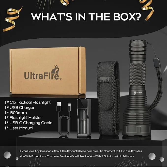 ULTRAFIRE USB Rechargeable Tactical Flashlight,2000 High Lumens Long Range LED Flashlight,5 Modes Handheld Flashlight with Holster,Waterproof for Camping, Outdoor, Emergency C15