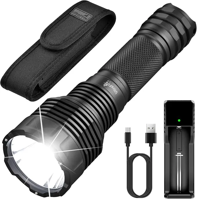 ULTRAFIRE USB Rechargeable Tactical Flashlight,2000 High Lumens Long Range LED Flashlight,5 Modes Handheld Flashlight with Holster,Waterproof for Camping, Outdoor, Emergency C15