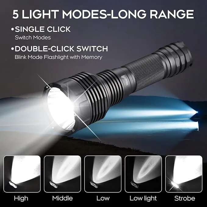 ULTRAFIRE USB Rechargeable Tactical Flashlight,2000 High Lumens Long Range LED Flashlight,5 Modes Handheld Flashlight with Holster,Waterproof for Camping, Outdoor, Emergency C15