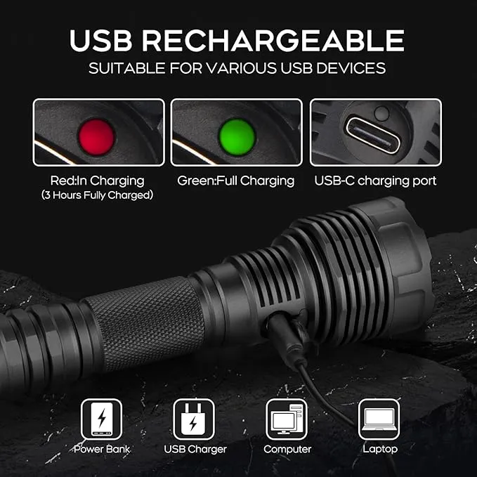 ULTRAFIRE USB Rechargeable Tactical Flashlight,2000 High Lumens Long Range LED Flashlight,5 Modes Handheld Flashlight with Holster,Waterproof for Camping, Outdoor, Emergency C15