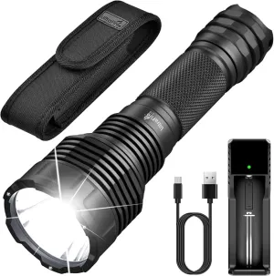 ULTRAFIRE USB Rechargeable Tactical Flashlight,2000 High Lumens Long Range LED Flashlight,5 Modes Handheld Flashlight with Holster,Waterproof for Camping, Outdoor, Emergency C15