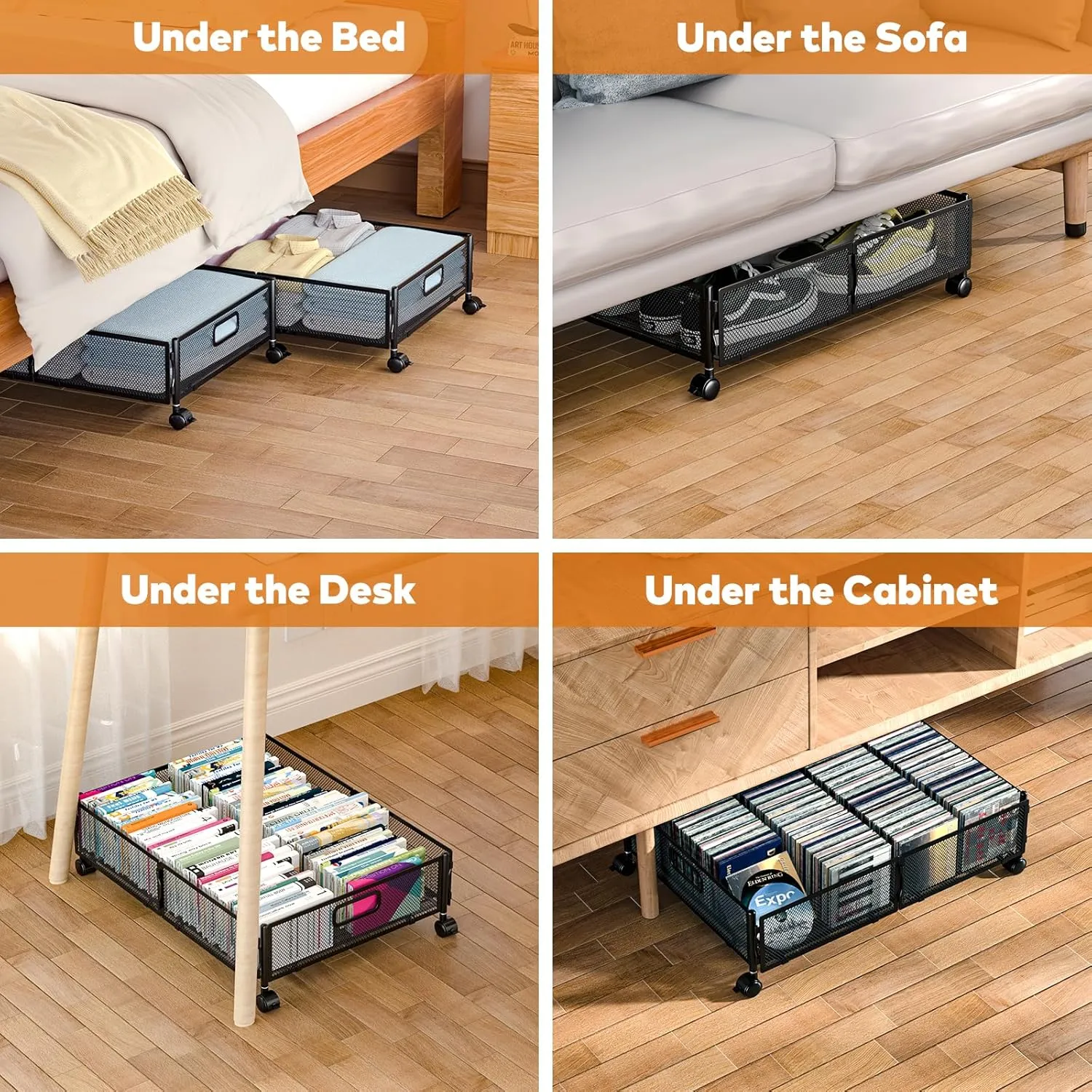 Under Bed Storage with Wheels,Rolling Under Bed Storage Containers,Under Bed Shoe Storage,Under Bed Storage for Bedroom Clothes Shoes Blankets (2 pack, Black)