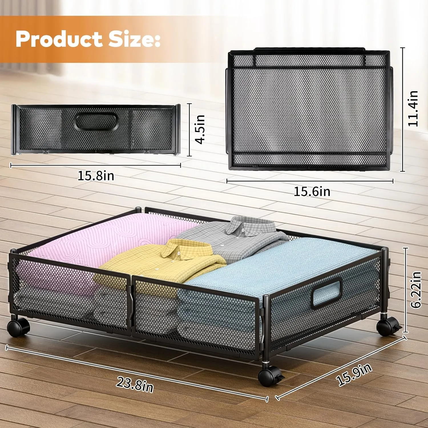 Under Bed Storage with Wheels,Rolling Under Bed Storage Containers,Under Bed Shoe Storage,Under Bed Storage for Bedroom Clothes Shoes Blankets (2 pack, Black)