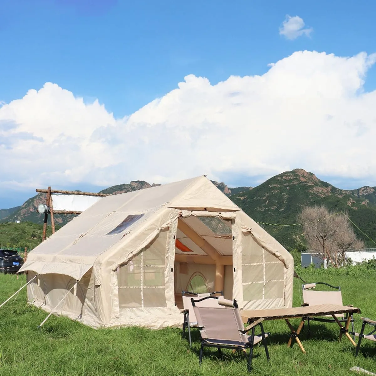 UNIISTRENGH Inflatable Camping Tent with Hand Pump, Air Glamping Tent, Easy Setup Waterproof Blow&Pop Up Tent with Privacy Screen,Stove Jack Hole and Carry Bag