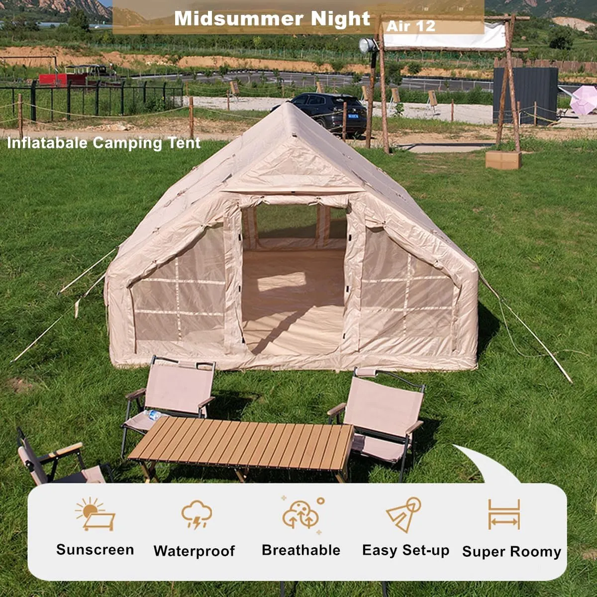UNIISTRENGH Inflatable Camping Tent with Hand Pump, Air Glamping Tent, Easy Setup Waterproof Blow&Pop Up Tent with Privacy Screen,Stove Jack Hole and Carry Bag