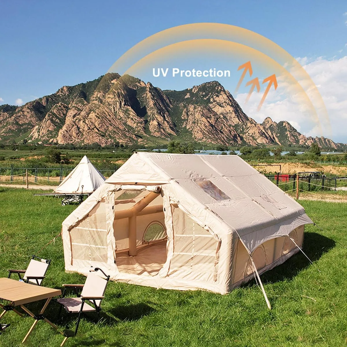 UNIISTRENGH Inflatable Camping Tent with Hand Pump, Air Glamping Tent, Easy Setup Waterproof Blow&Pop Up Tent with Privacy Screen,Stove Jack Hole and Carry Bag