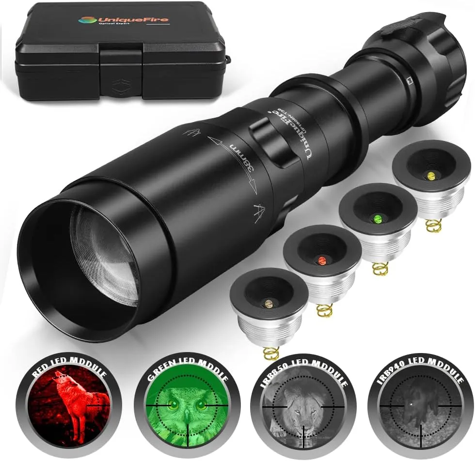 UniqueFire 1605N Vcsel 850nm / 940nm IR Illuminator Flashlight Rechargeable,Fresnel Lens Red/Green Hunting Flashlight Light,Total 4 Pills/Charging Kit/Brackets, with Remote Pressure Switch & Battery