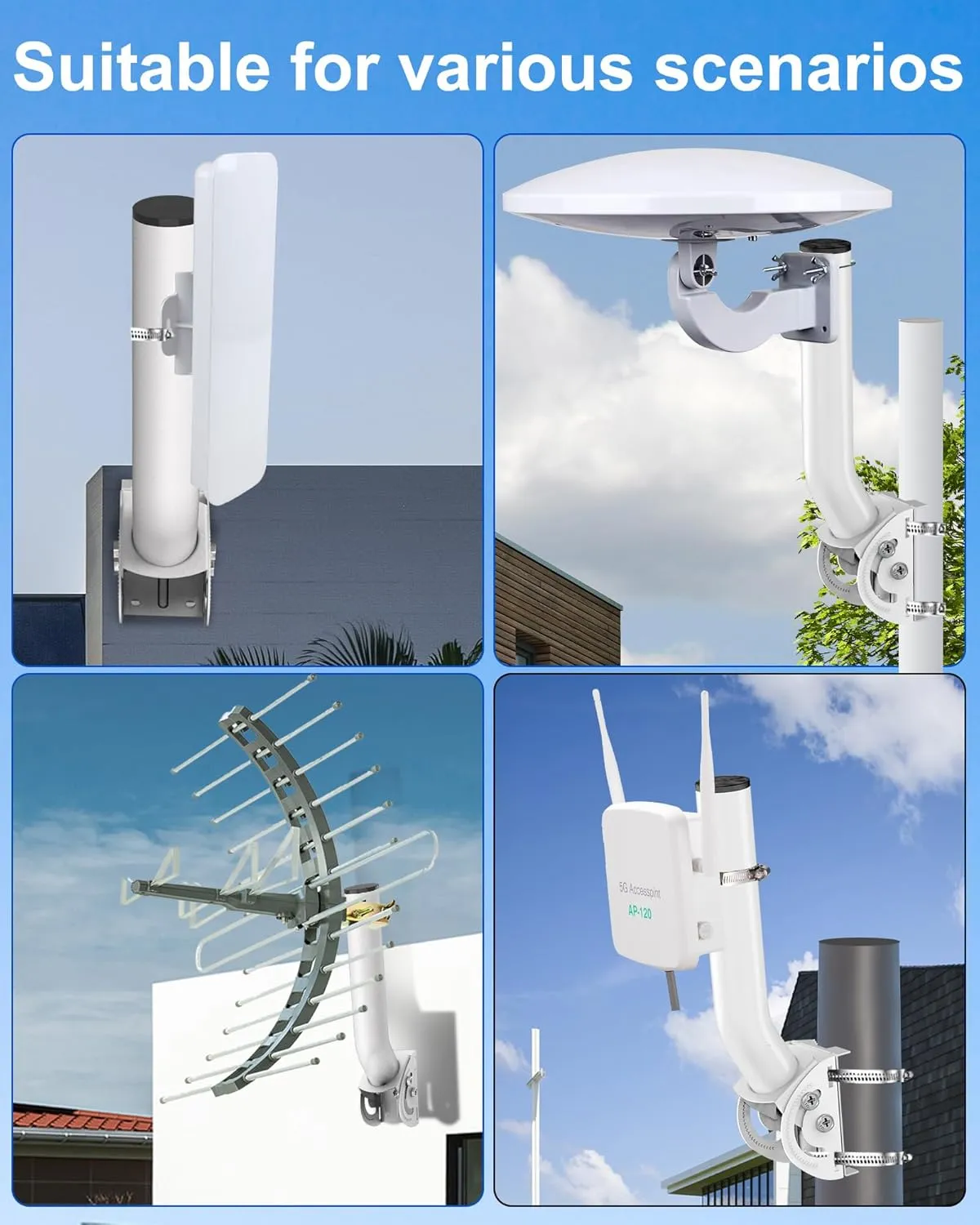 Universal Antenna Mount, 12'' Pole and Wall-Mounted Mounting Bracket Mast for Outdoor TV Antennas, Point to Point AP Access Point, Weather Station, CPE Bridge, Starlink and More