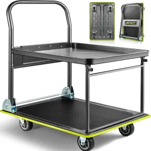 Upgraded Push Cart Dolly, 700lbs Foldable Platform Cart with Wheels, 2 Tier Heavy Duty Platform Truck, Moving Flatbed Cart for Warehouse, Garage, Workshop, Office 28.75" x 18.5" x 34"