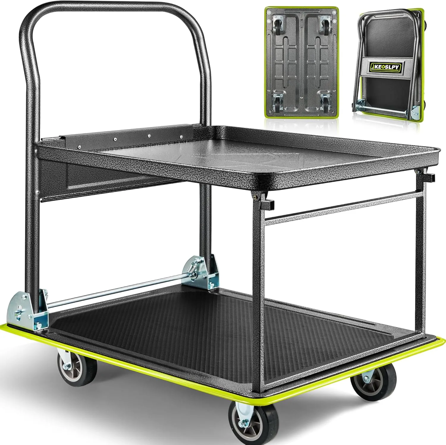Upgraded Push Cart Dolly, 700lbs Foldable Platform Cart with Wheels, 2 Tier Heavy Duty Platform Truck, Moving Flatbed Cart for Warehouse, Garage, Workshop, Office 28.75" x 18.5" x 34"