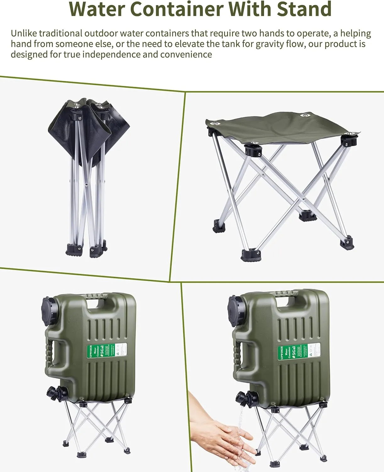 UPWOIGH 5 Gallon Water Jug with Spigot and Folding Stool – Leak-Proof, BPA-Free Portable Green Water Container with Stand, Large Outdoor Storage Tank for Camping, Hiking, RV, Travel, and Emergency Use