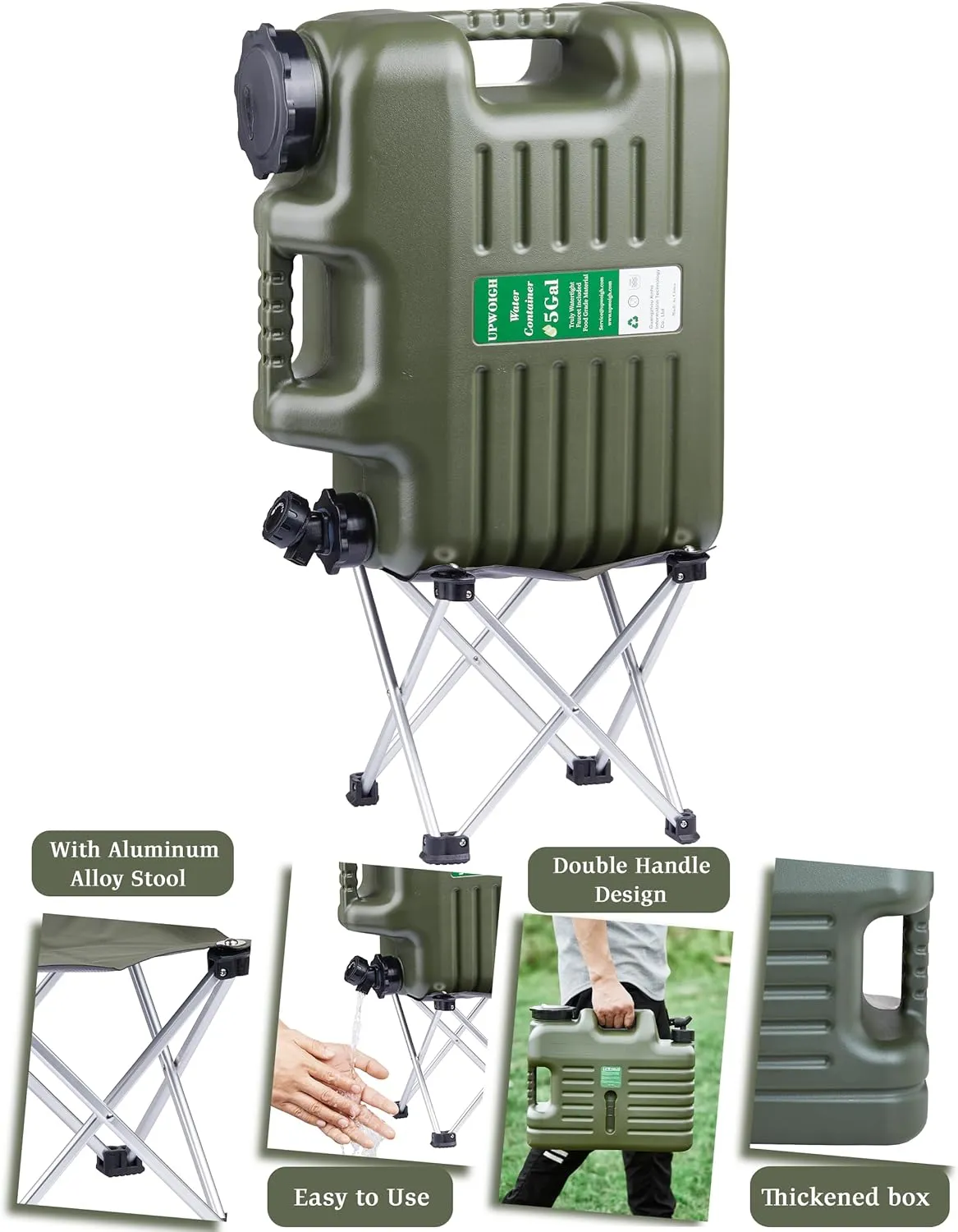 UPWOIGH 5 Gallon Water Jug with Spigot and Folding Stool – Leak-Proof, BPA-Free Portable Green Water Container with Stand, Large Outdoor Storage Tank for Camping, Hiking, RV, Travel, and Emergency Use