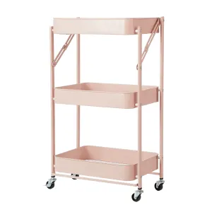 Urban Lifestyle 3 Tier Foldable Metal Rolling Storage Utility Cart, No Tools Assembly, Blush