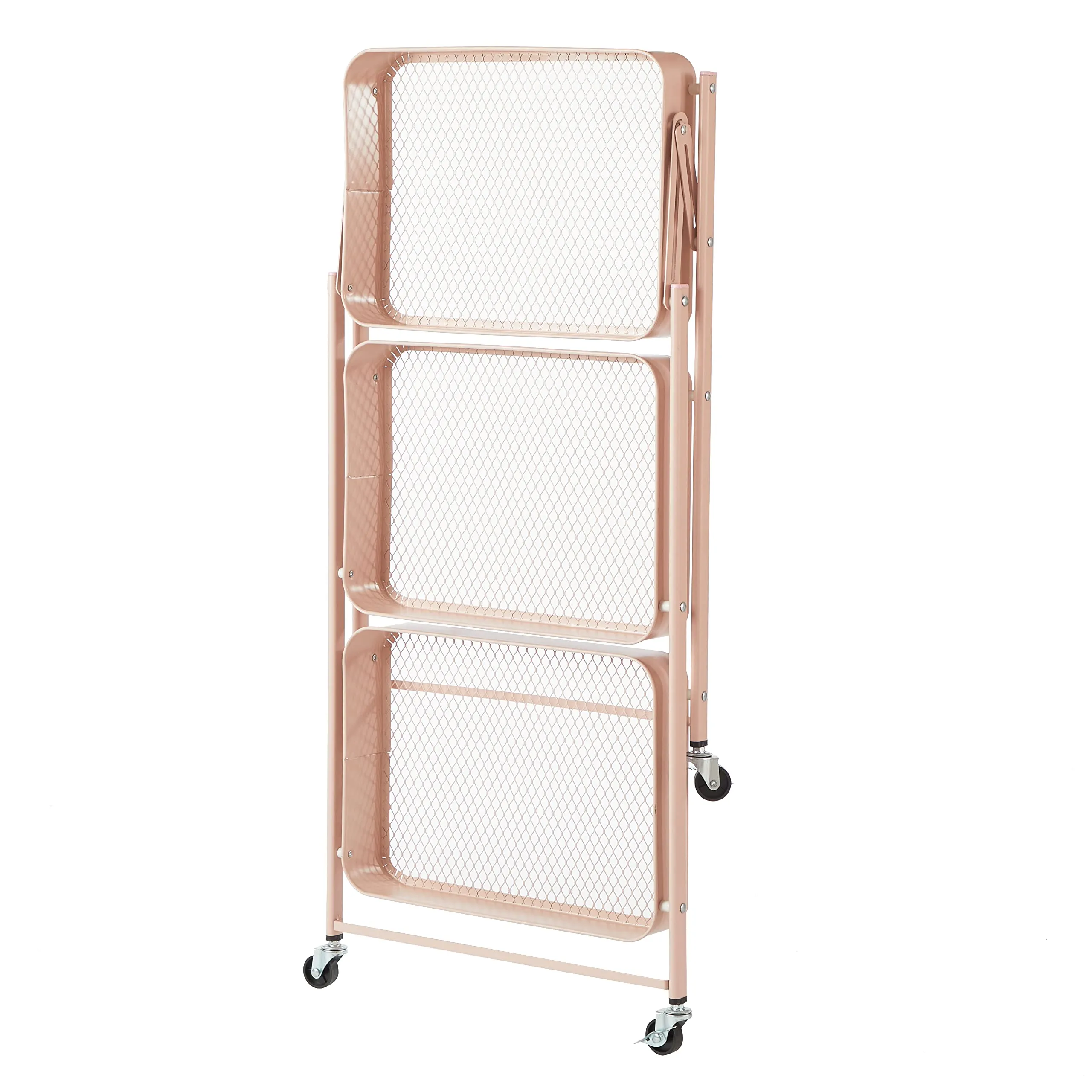 Urban Lifestyle 3 Tier Foldable Metal Rolling Storage Utility Cart, No Tools Assembly, Blush