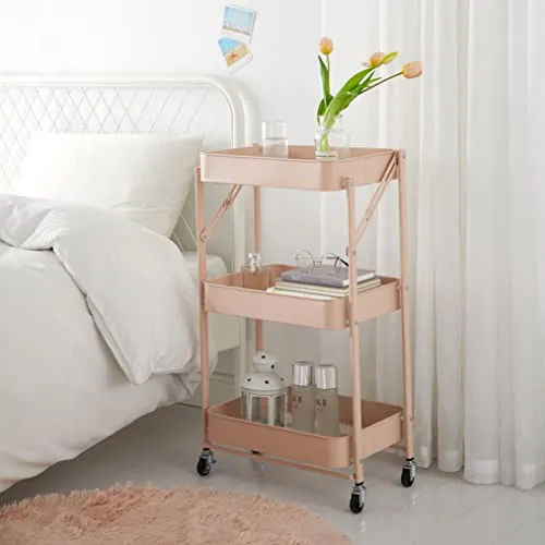 Urban Lifestyle 3 Tier Foldable Metal Rolling Storage Utility Cart, No Tools Assembly, Blush