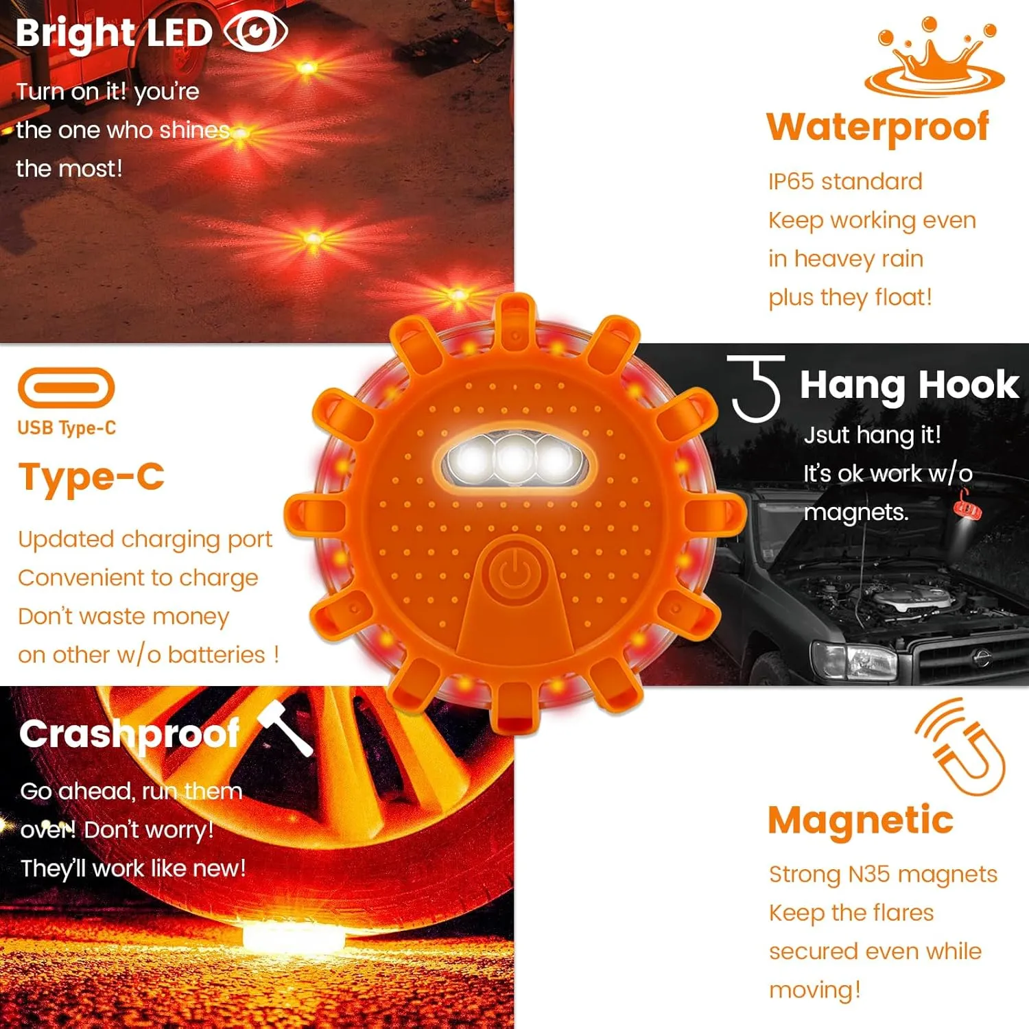 USB-C Rechargeable LED Road Flares Emergency Lights-Large Capacity (Lithium Battery) 3 in 1 cable Roadside Warning Car Safety Beacon Flashing Disc Kit with Magnetic Base for Vehicles