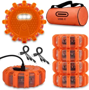 USB-C Rechargeable LED Road Flares Emergency Lights-Large Capacity (Lithium Battery) 3 in 1 cable Roadside Warning Car Safety Beacon Flashing Disc Kit with Magnetic Base for Vehicles