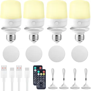 USB Rechargeable Light Bulb with Remote and Timer, Battery Backup Night Light, Emergency LED Light for Power Outage, E26 Detachable Charging, 3 Lighting Colors, Dimmer, 7W, Lanyard Included, 4PC