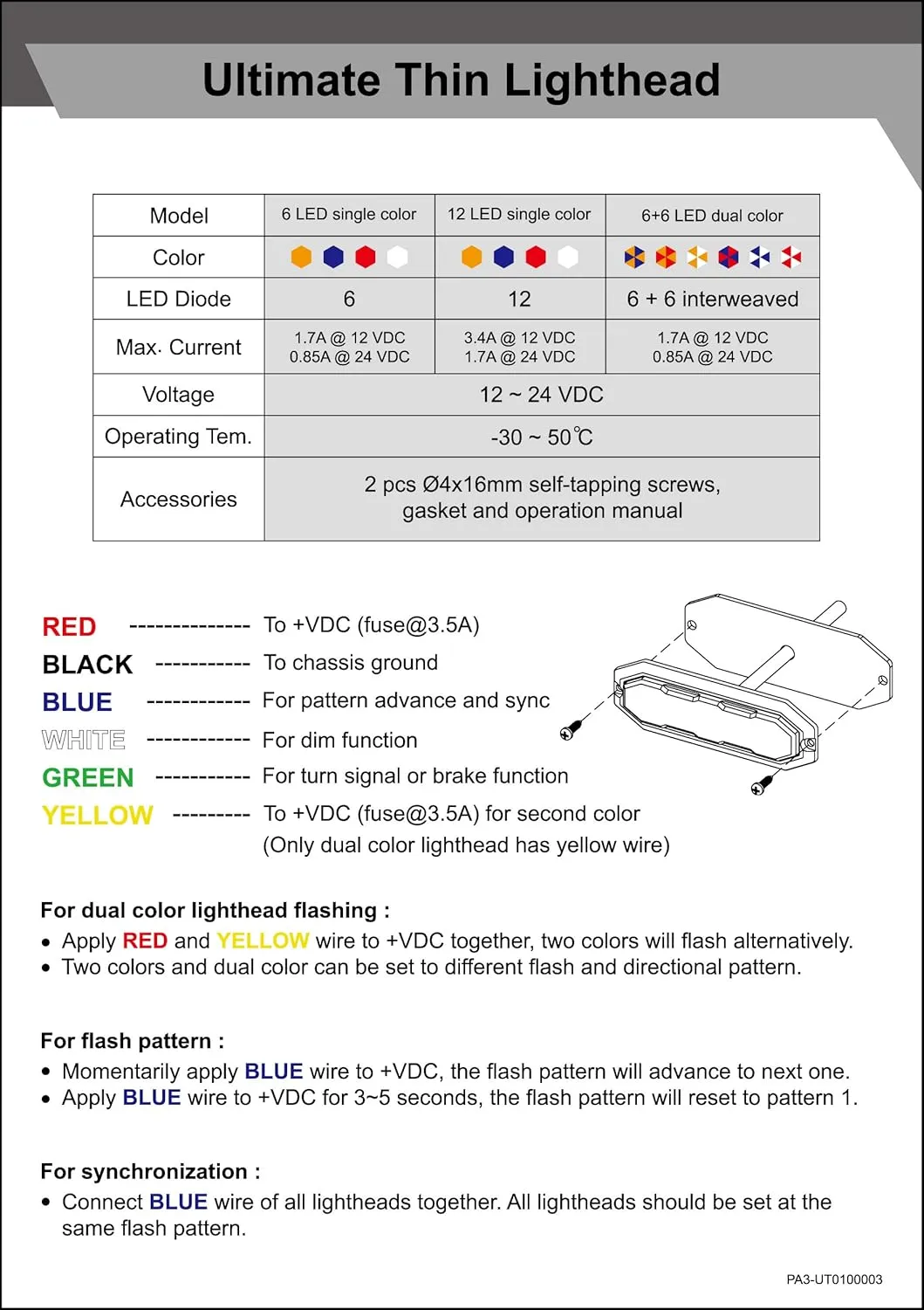 UT01 Surface Mount Warning Emergency Strobe Grille Light Head [SAE class 1] [Dual Color] [IP68] for Police and Tow Truck Construction Vehicle A/B/R/W (Amber/White, 6   6 LED)