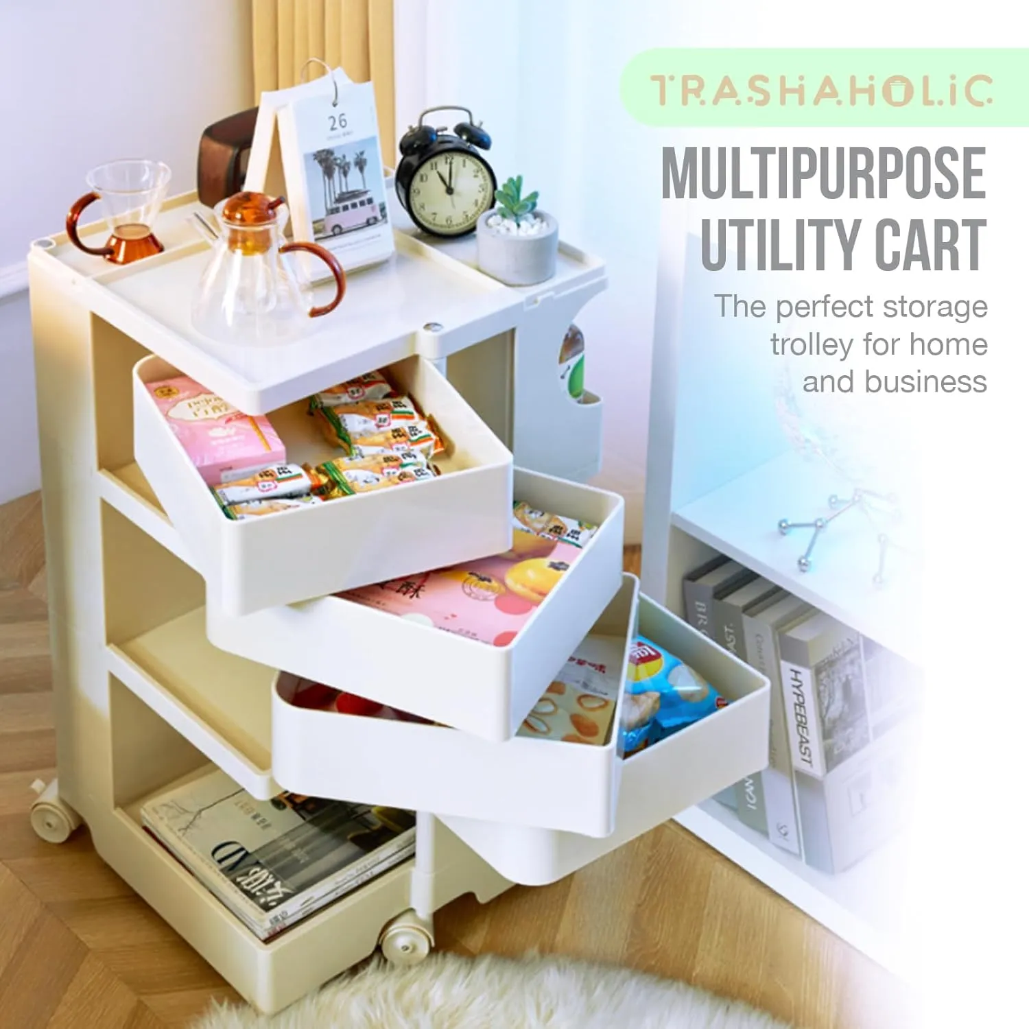 Utility Storage Cart - MCM Storage with Wheels and Slide Out Drawers - Designer Endo Trolley l Portable Organizer for Salon, Spa, Esthetician, Taboret, Medical Tools - White