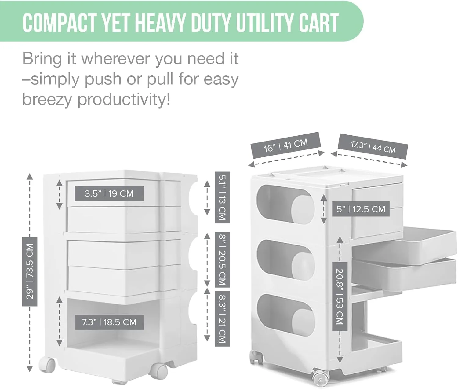 Utility Storage Cart - MCM Storage with Wheels and Slide Out Drawers - Designer Endo Trolley l Portable Organizer for Salon, Spa, Esthetician, Taboret, Medical Tools - White