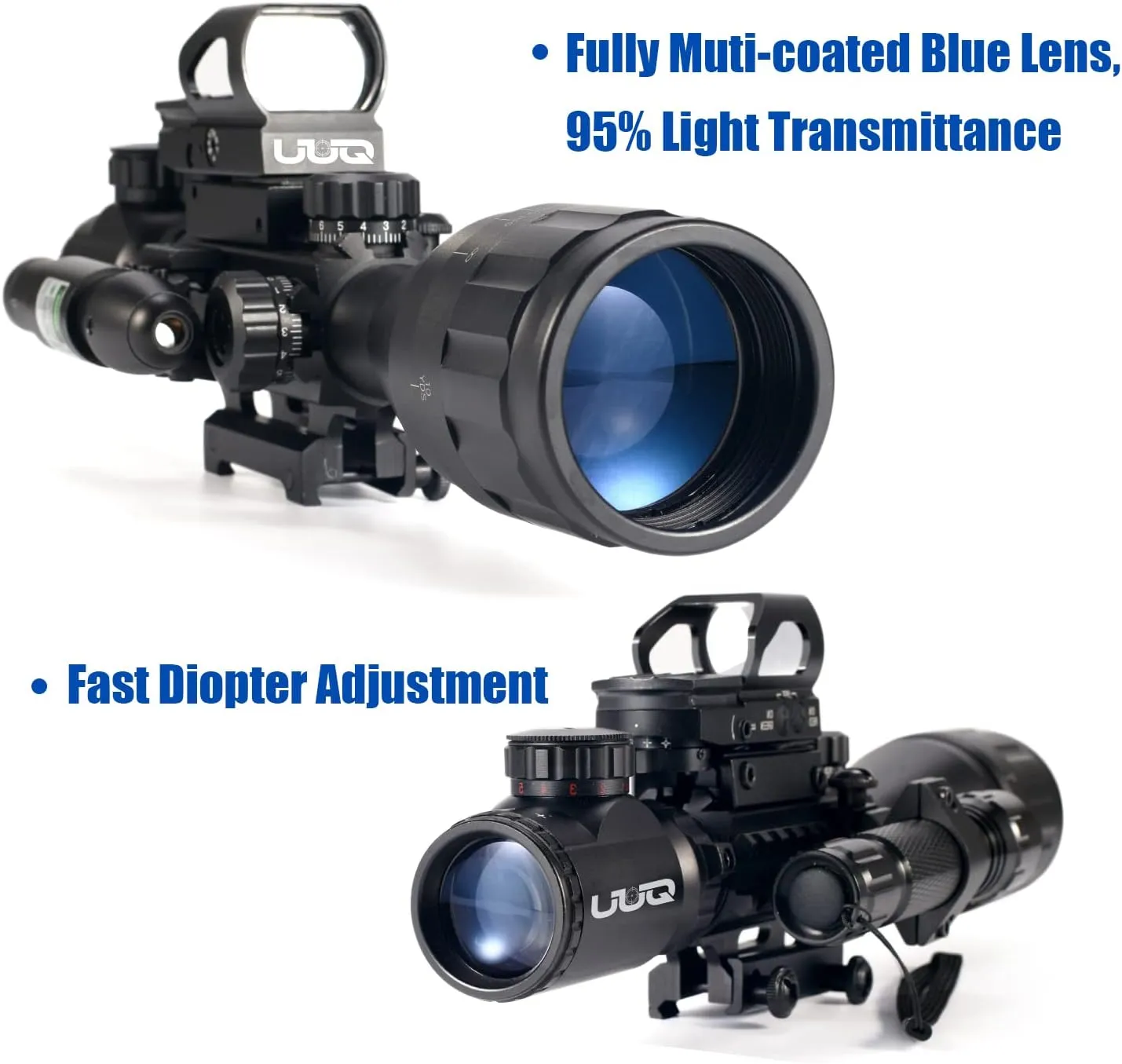 UUQ 4-12&16X50 AO Rifle Scope Red/Green Illuminated Range Finder Reticle W/Green Laser - Holographic Reflex Red Dot Sight - 5 Brightness Modes Flashlight