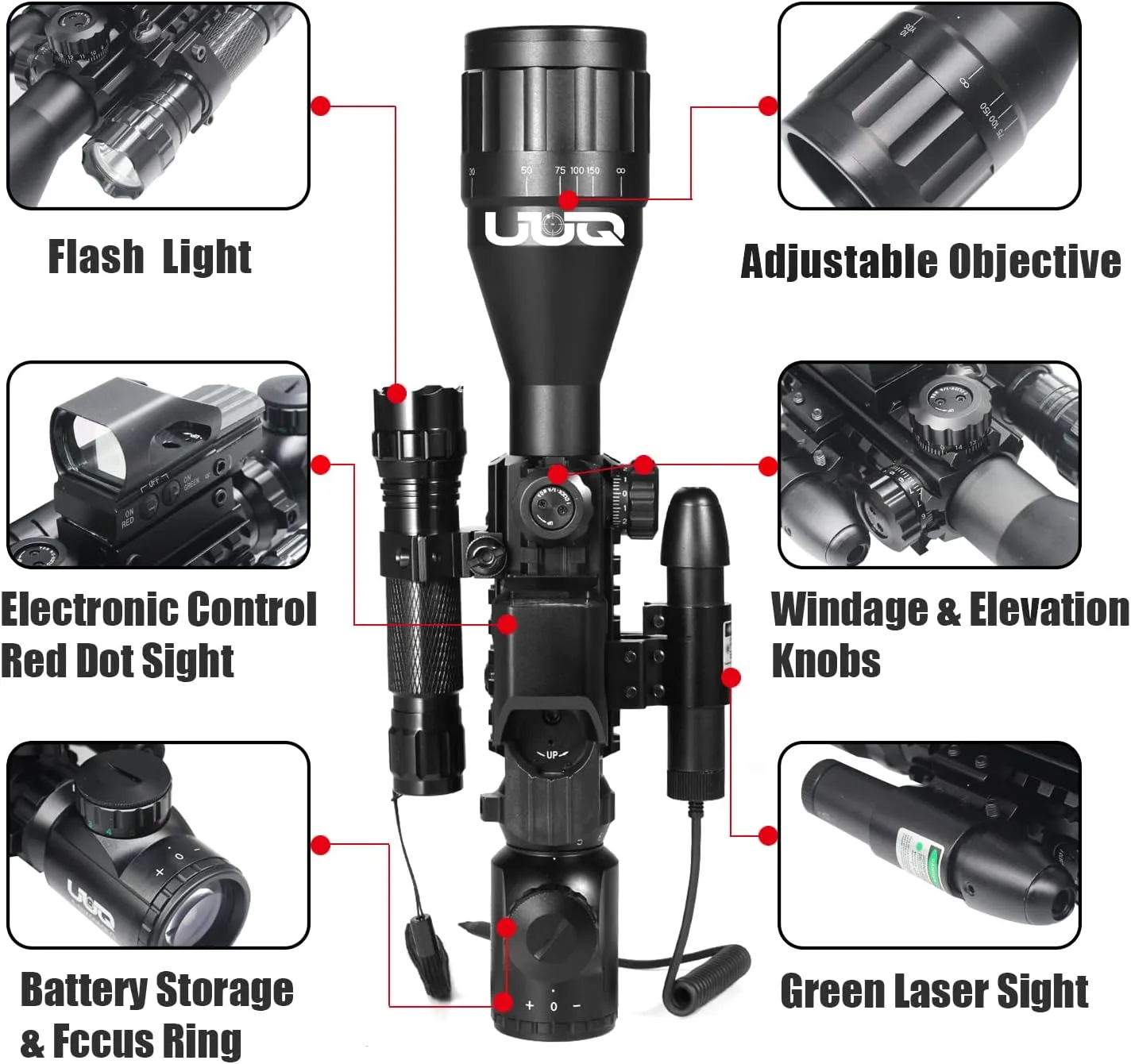 UUQ 4-12&16X50 AO Rifle Scope Red/Green Illuminated Range Finder Reticle W/Green Laser - Holographic Reflex Red Dot Sight - 5 Brightness Modes Flashlight