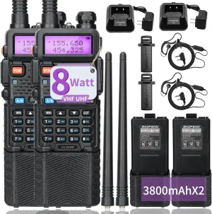 UV-5R 8W Ham Radio Long Range UV5R Handheld Dual Band High Power Two Way Radio Walkie Talkies Full Kit with Rechargerable 3800mAh Battery,2 Pack