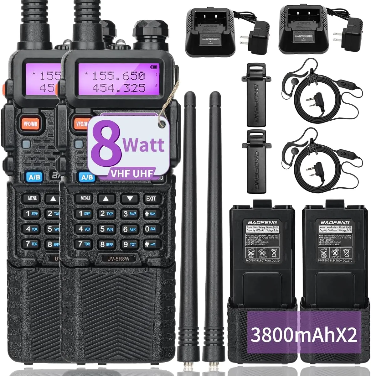UV-5R 8W Ham Radio Long Range UV5R Handheld Dual Band High Power Two Way Radio Walkie Talkies Full Kit with Rechargerable 3800mAh Battery,2 Pack