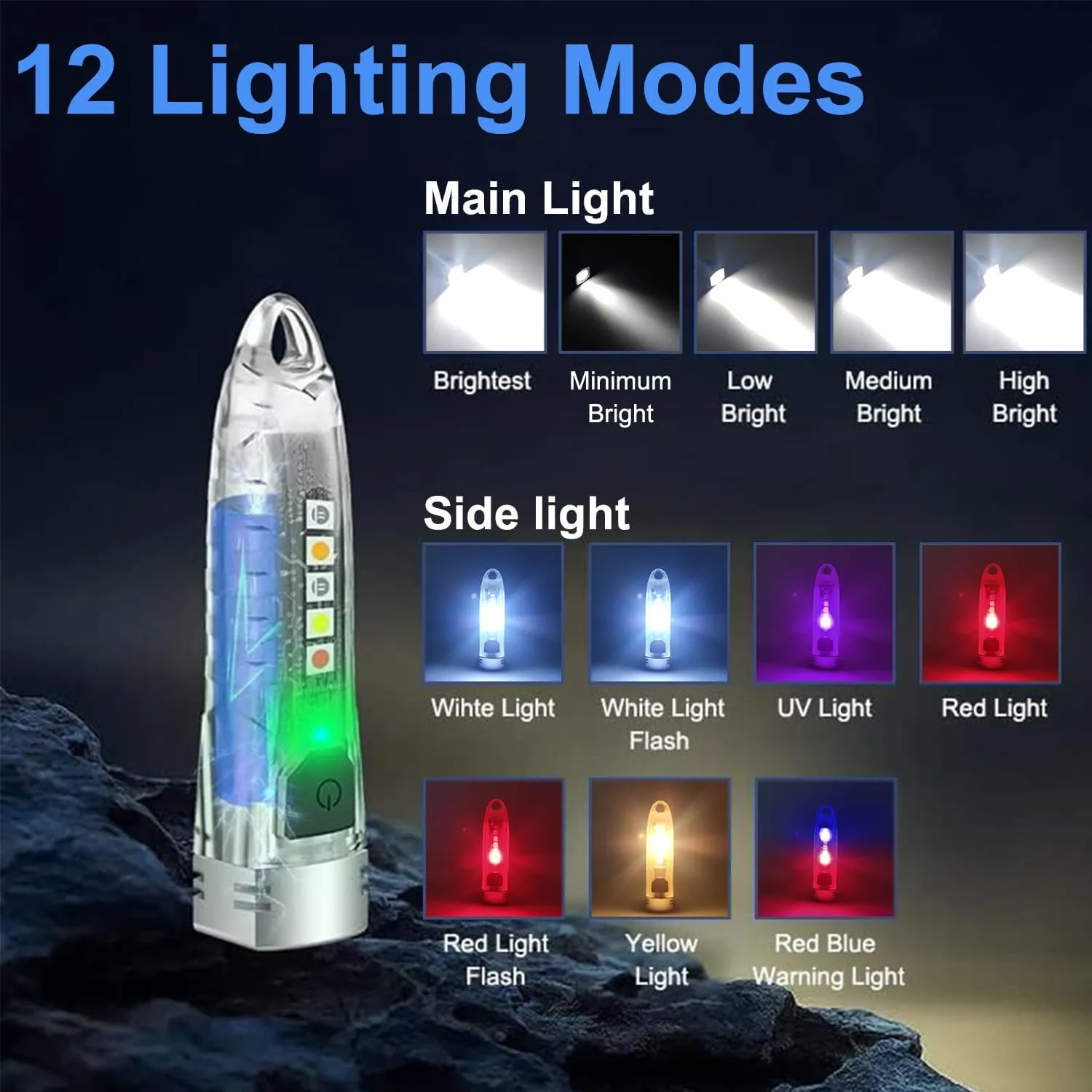 V1 Mini 2 Pack EDC Flashlight, Portable 400LM Keychain 12 Modes with UV Red Blue Yellow White Side Light, Rechargeable Waterproof Emergency LED Pocket Light for Daily Use, Outdoor (White)