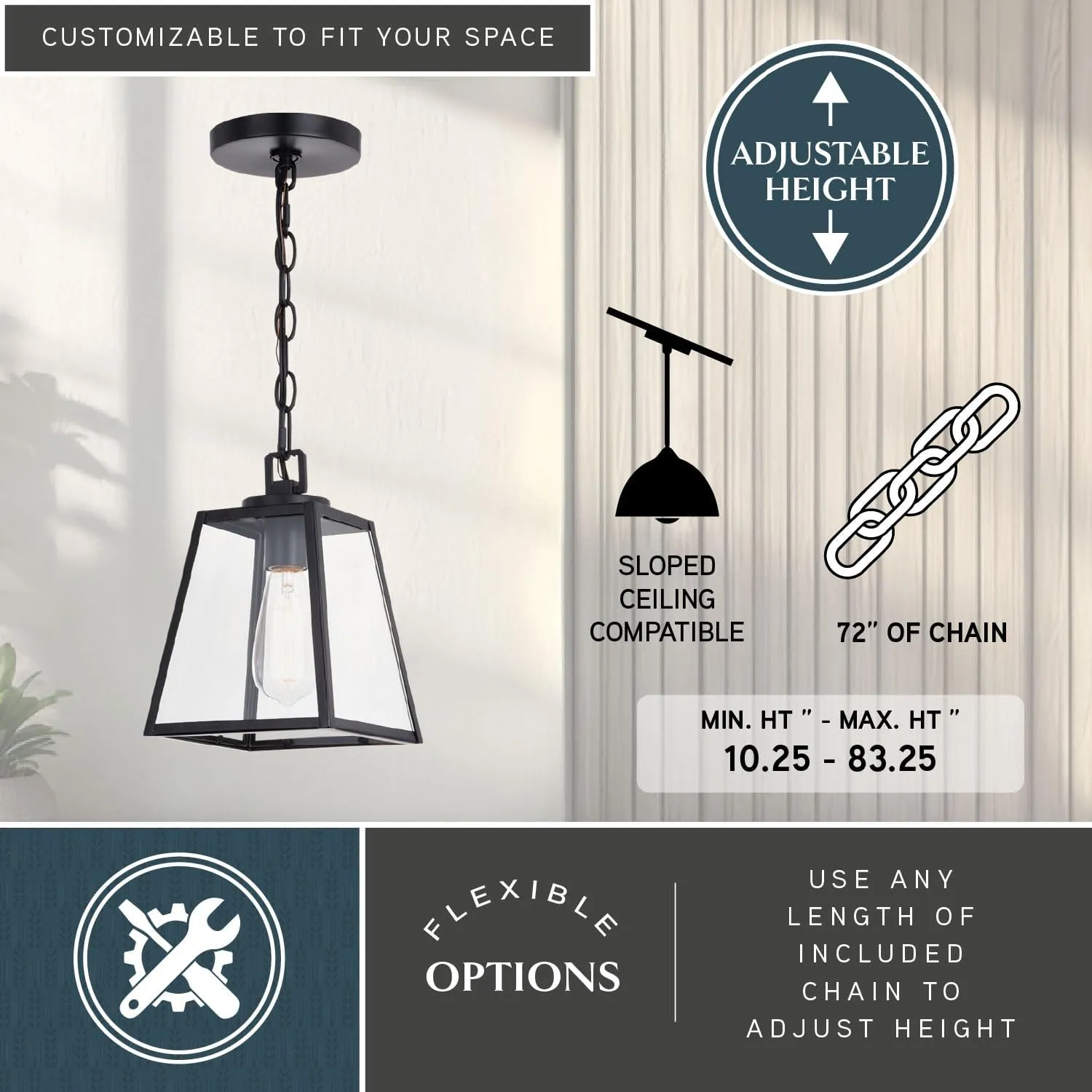 VAXCEL Grant 7-in Black Indoor Outdoor Farmhouse Mini Pendant Lantern, 1-Light Hanging Ceiling Light with Clear Glass Panels