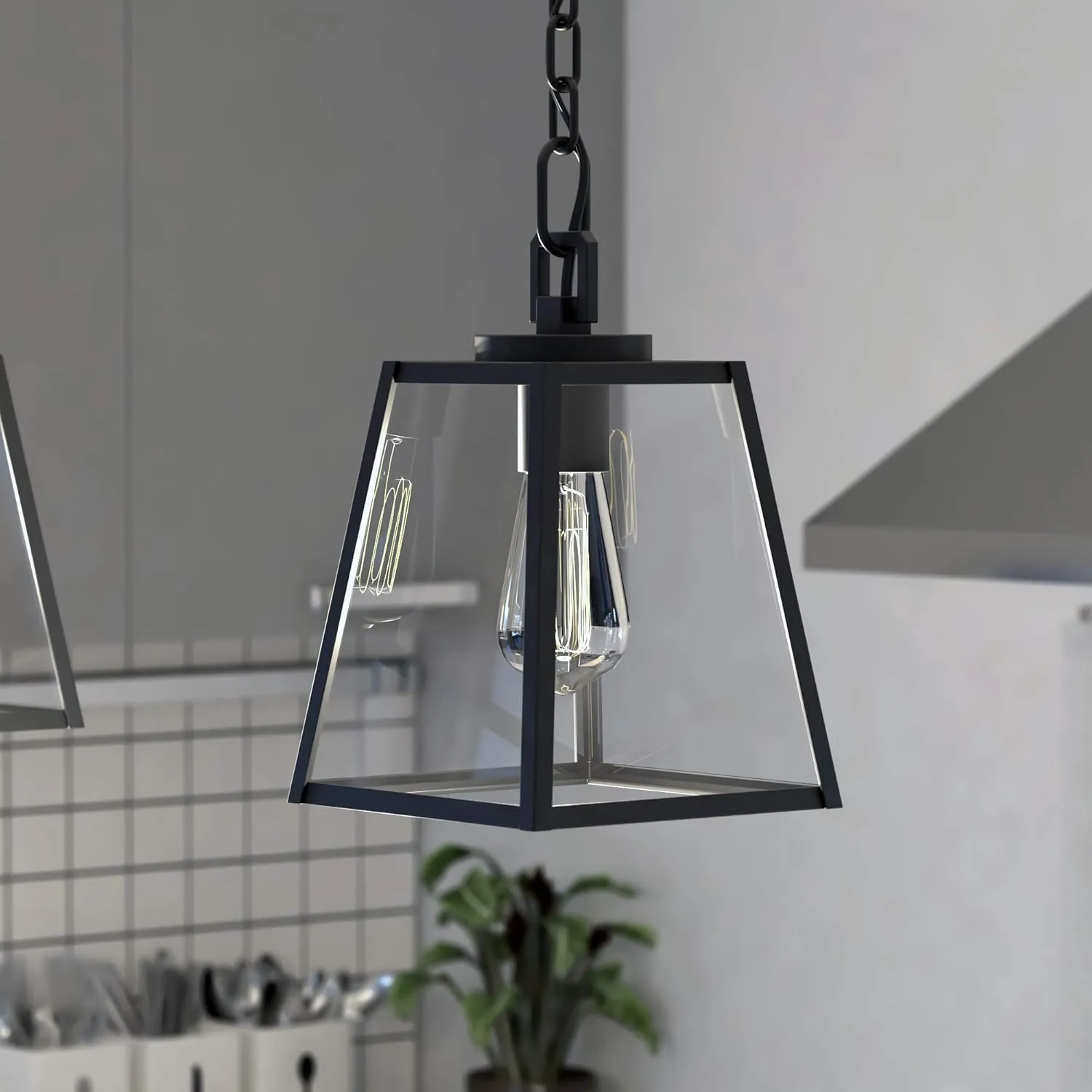 VAXCEL Grant 7-in Black Indoor Outdoor Farmhouse Mini Pendant Lantern, 1-Light Hanging Ceiling Light with Clear Glass Panels