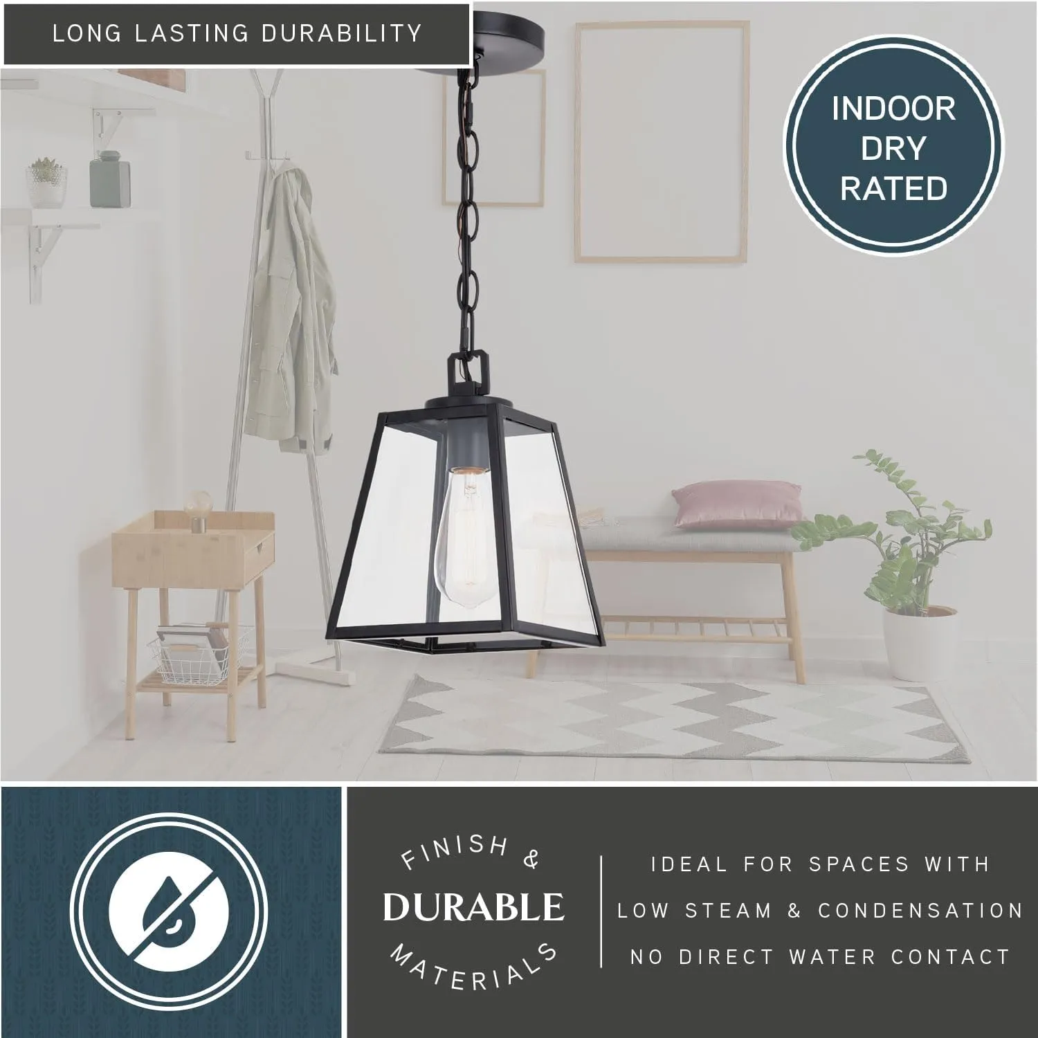 VAXCEL Grant 7-in Black Indoor Outdoor Farmhouse Mini Pendant Lantern, 1-Light Hanging Ceiling Light with Clear Glass Panels