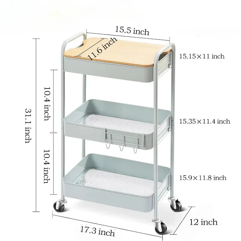 Versatile 3-tier Rolling Cart with Wheels and Wooden Top