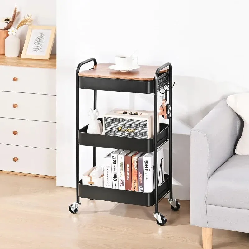 Versatile 3-tier Rolling Cart with Wheels and Wooden Top