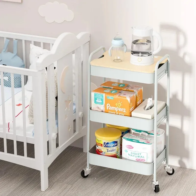 Versatile 3-tier Rolling Cart with Wheels and Wooden Top