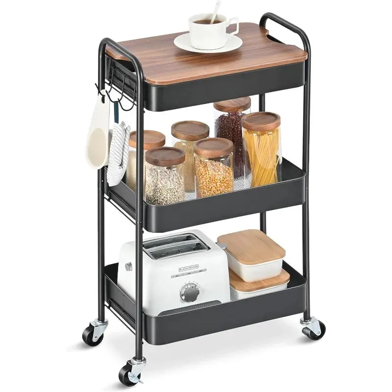 Versatile 3-tier Rolling Cart with Wheels and Wooden Top