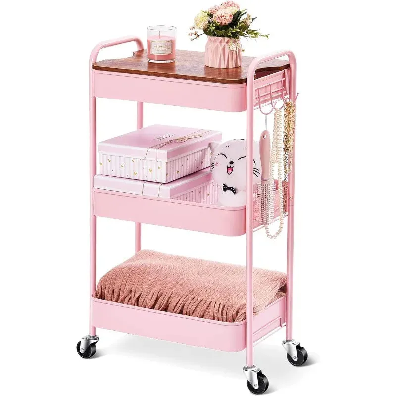 Versatile 3-tier Rolling Cart with Wheels and Wooden Top