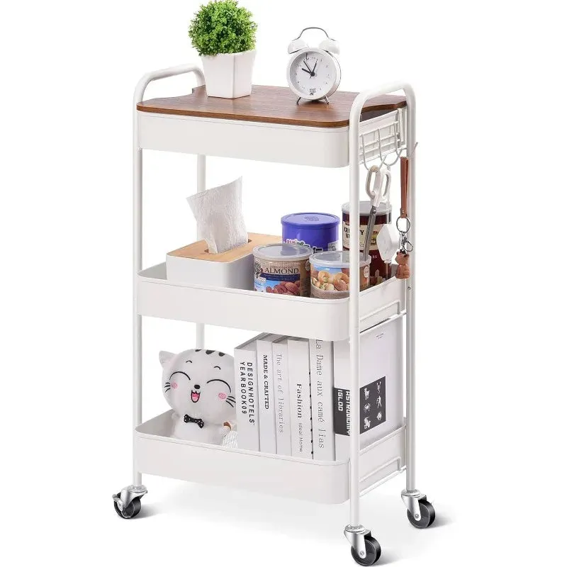 Versatile 3-tier Rolling Cart with Wheels and Wooden Top