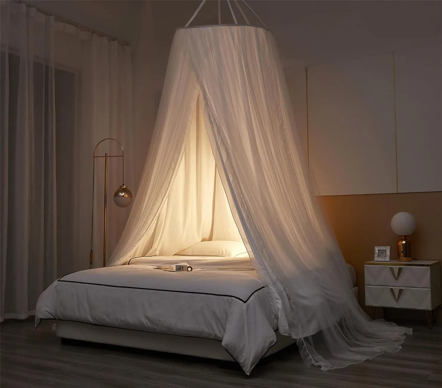 VETHIN Double Layer Princess Round Dome Canopy Bed Curtain for Girls Adults,Children Dreamy Mosquito Net,Cute Bedroom Decoration Castle Play Tent Reading Nook Canopies (Dome-White/White)
