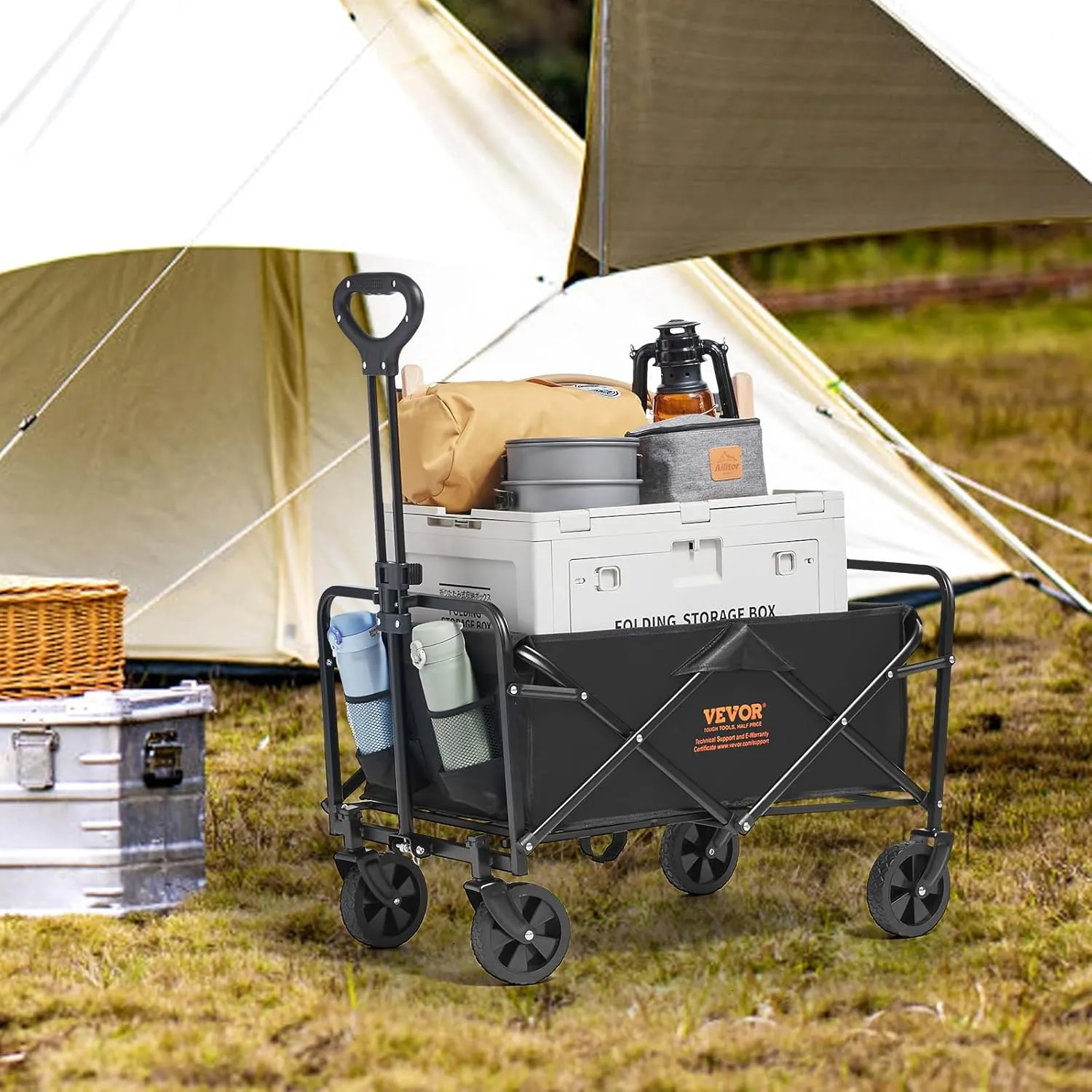 VEVOR Collapsible Folding Wagon Cart, 220lbs Heavy Duty Wagons Carts Foldable with Wheels, Outdoor Portable Garden Cart Utility Wagon for Groceries Camping Sports with Large Capacity & Drink Holder