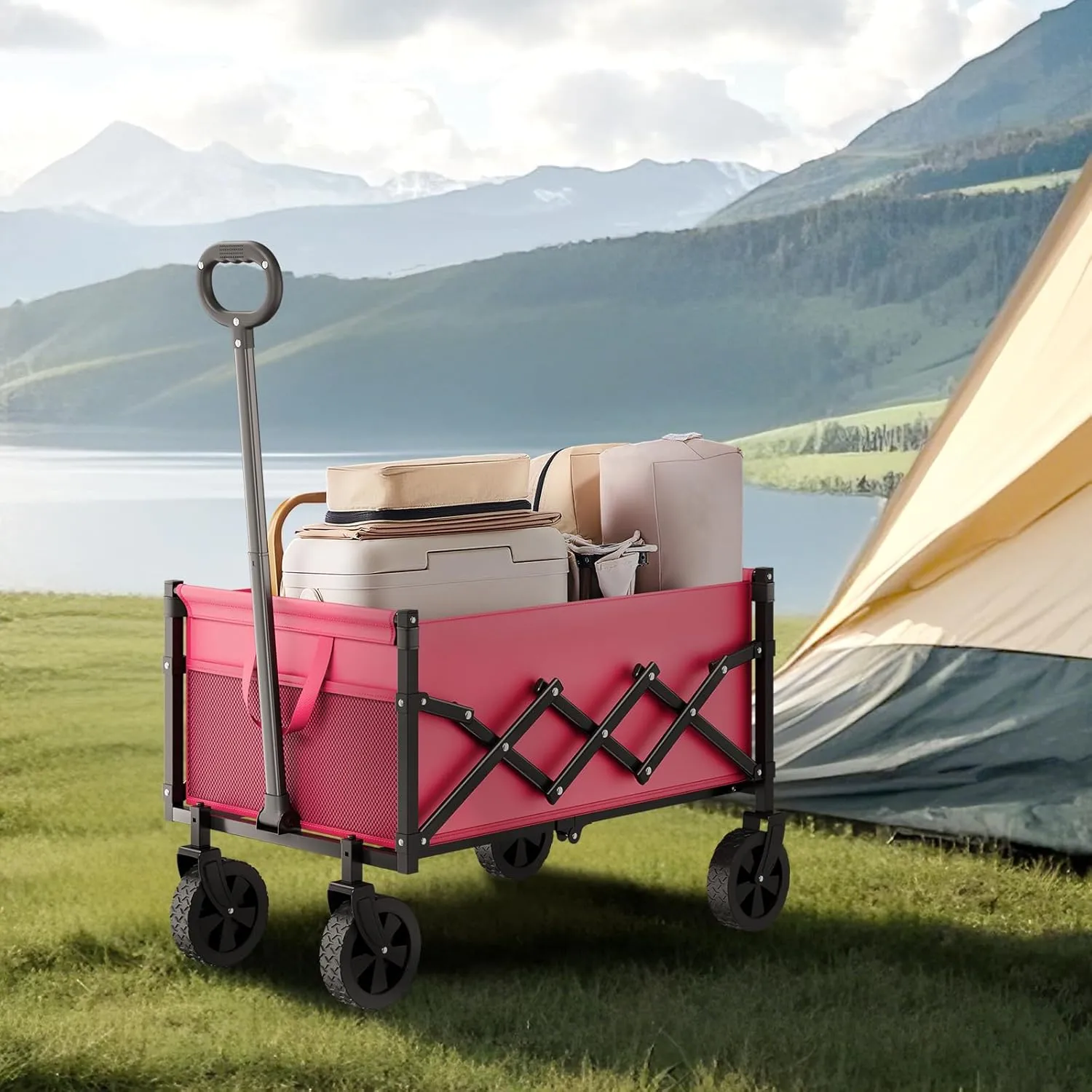 VEVOR Collapsible Wagon Cart with Wheels Foldable, 120L 225LBS Heavy Duty Folding Wagon, Portable Utility Grocery Cart for Groceries Camping Sports Shopping Garden with Adjustable Handle