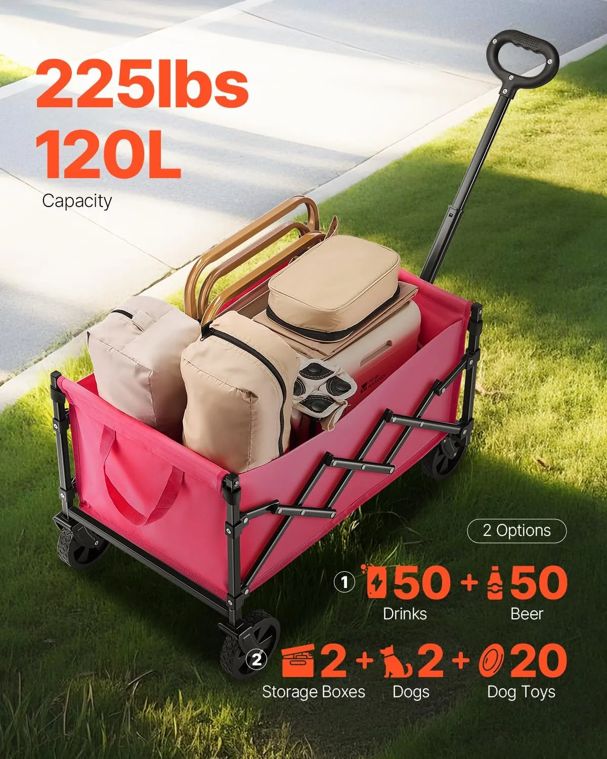 VEVOR Collapsible Wagon Cart with Wheels Foldable, 120L 225LBS Heavy Duty Folding Wagon, Portable Utility Grocery Cart for Groceries Camping Sports Shopping Garden with Adjustable Handle